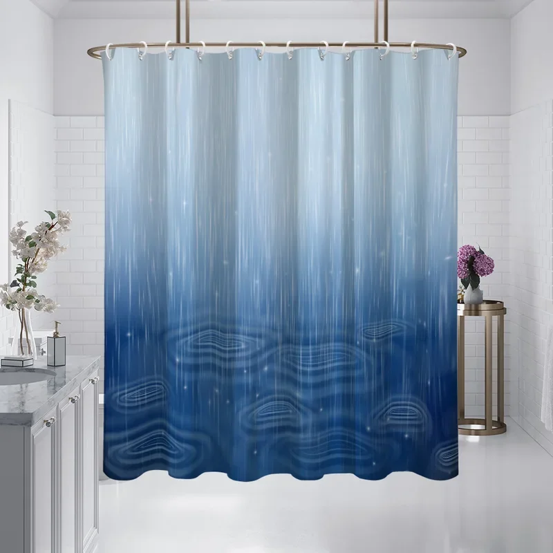 1PC Modern Simple Design Blue Raindrop Print Waterproof and Mildew Proof with Hook Machine Washable Bathroom Shower Curtain