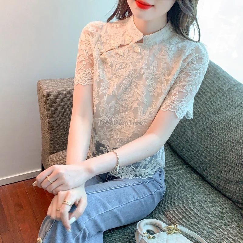 2024 vintage fashionable versatile qipao top exquisite floral jacquard temperament blouse stand collar diagonal buckle lace top