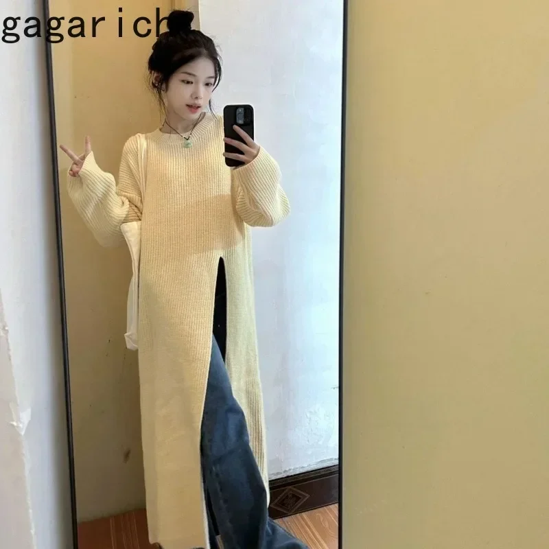 Gagarich Korean Slouchy Long Split Knitted Sweater Women Autumn Winter New French Gentle Style Knitted Long Pullover Dress