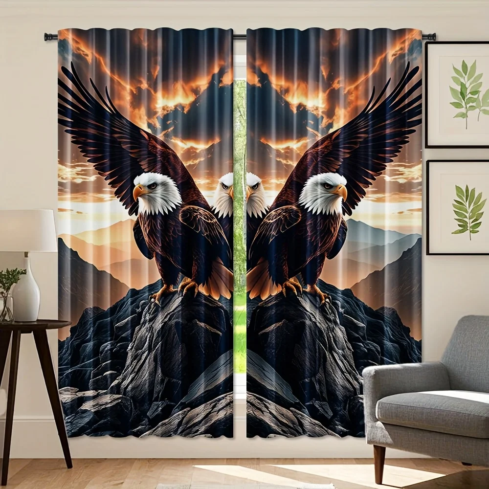 2pcs Eagle Wings Design Polyester Curtains, HD Digital Print, Light Filtering Drapes for Bedroom, Living Room, Office - Rod Pock