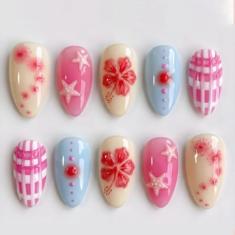 24Pcs Summer Pink Blue Almond Fake Nails Press on 3D Flower Starfish Plaid Stick on Nail Polka Dot Smudge Detachable False Nails