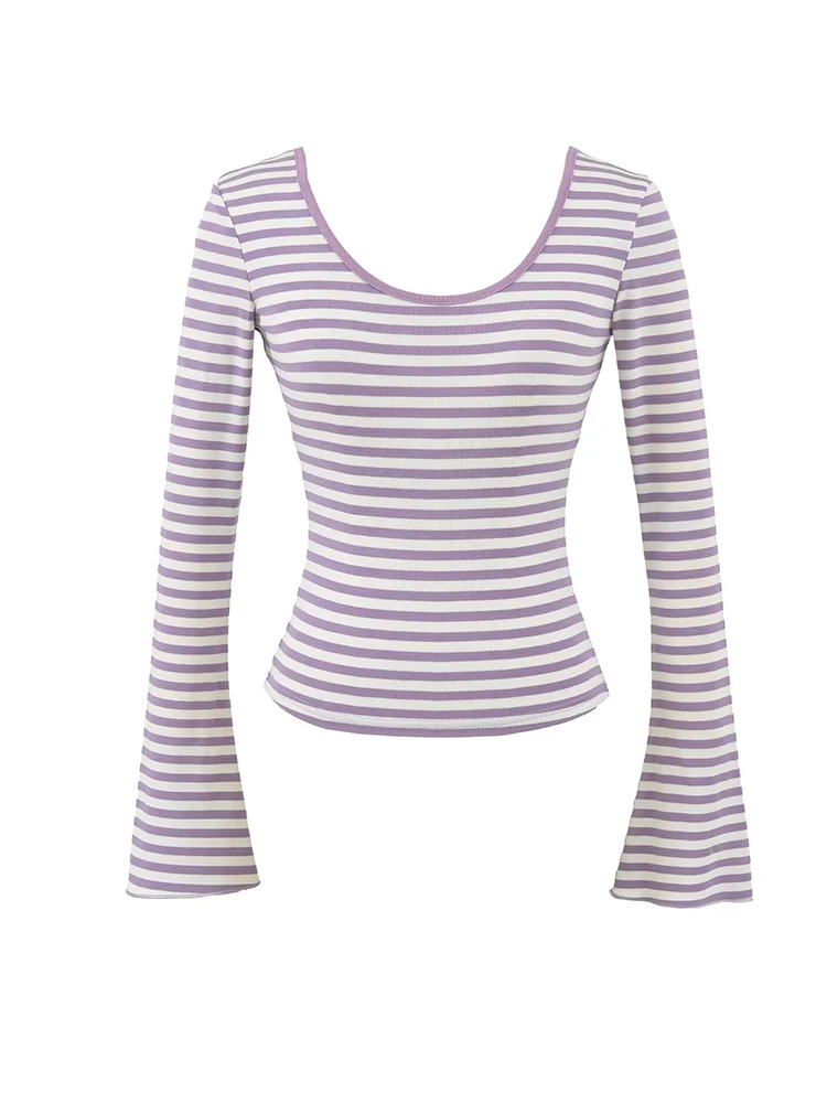 

Women Flare Sleeve Knitted U-neck Tops Backless Bandage Slim Stretchy Striped Tshirts Tees