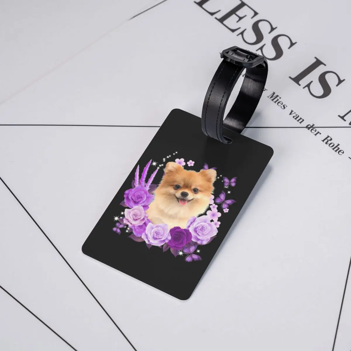 Pomeranian Hond Met Rozenbloem Bagagelabel Voor Koffers Schattige Puppy-Bagagelabels Voor Huisdieren Privacy Omslag Naam Identiteitskaart