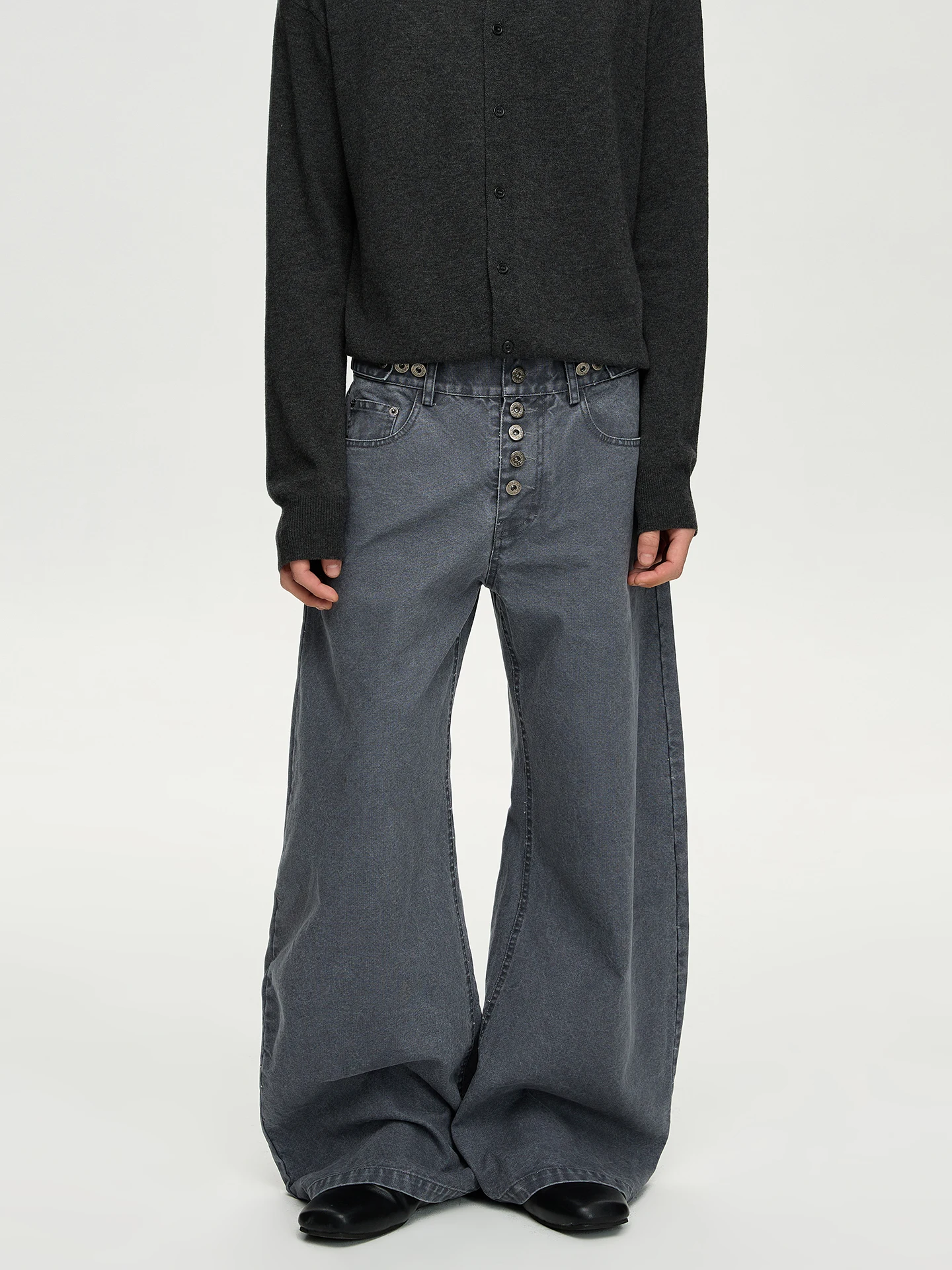 

a PUEE American Retro Sle Casual Pants with Button Design Knife Straight Leg Jeans Cotton Straight Tube Flared A-Line