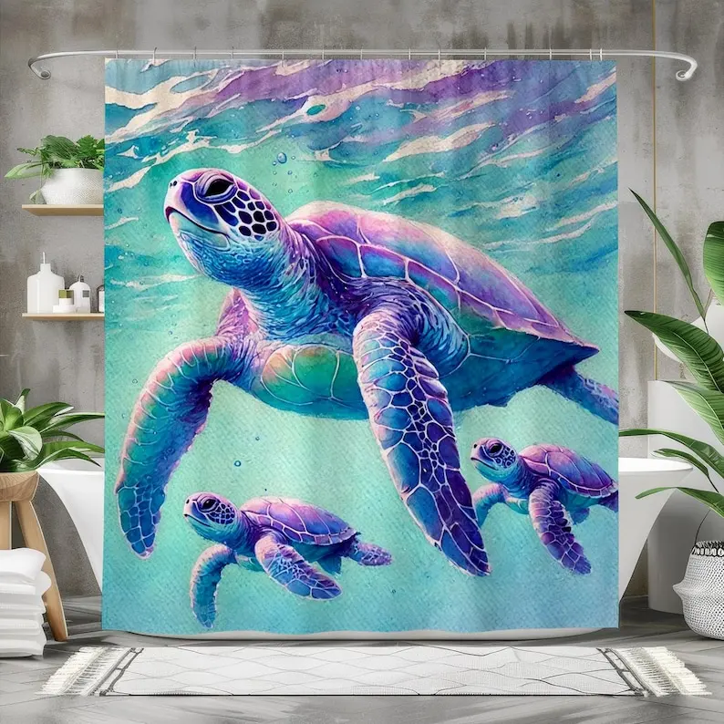 Sea Turtle Family Shower Curtain, Waterproof Fabric Bath Curtain, Ocean Theme Bathroom Decor, Colorful Marine Life Design