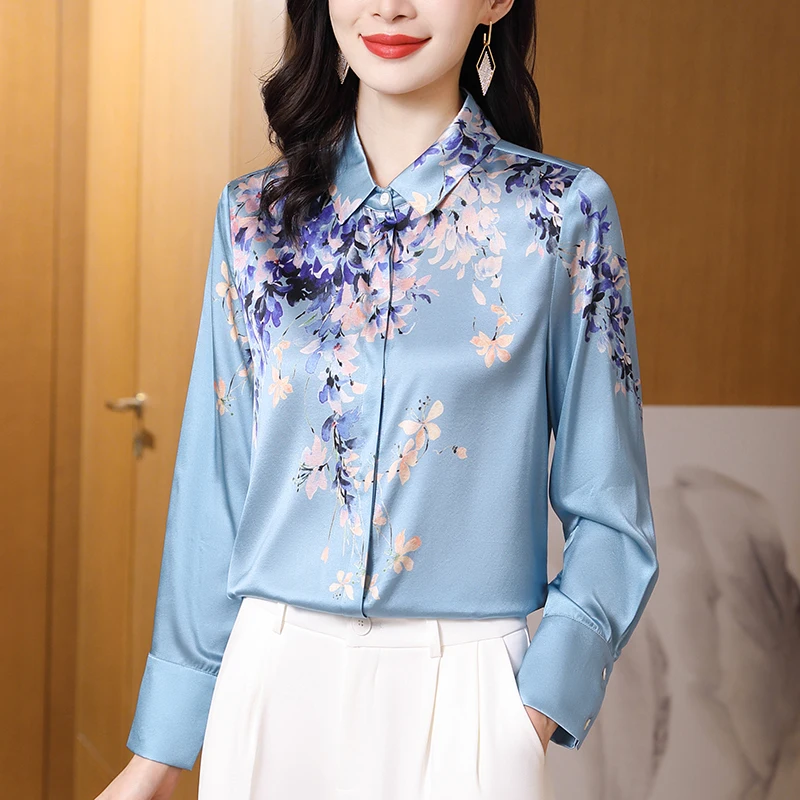

Real Silk Women's Satin Shirt Spring Autumn Elegant Fashion Shirts & Blouses for Women Long Sleeve Floral Office Lady Blouse