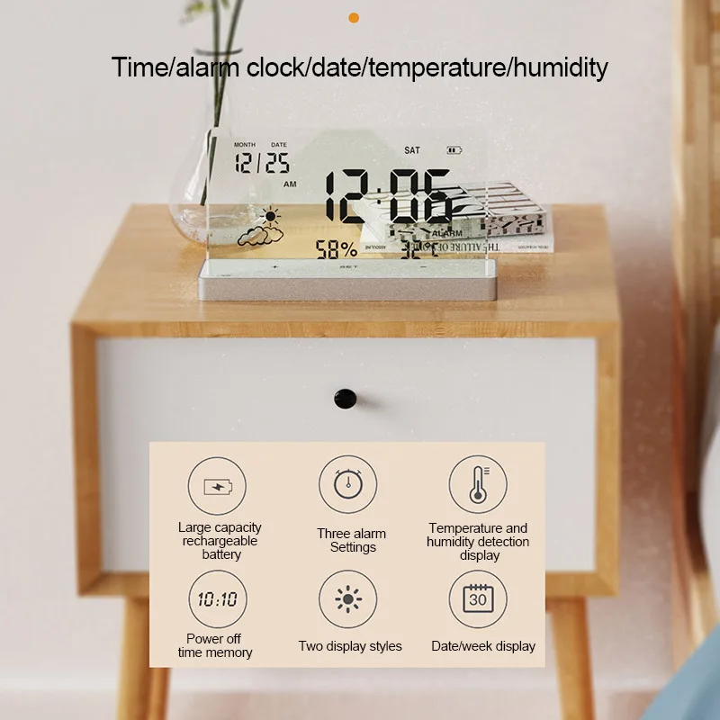 Imagem -05 - Relógio Despertador Digital Transparente Temperatura Umidade Data Semana 3-alarmes Eletrônico Sala de Estar Home Decor Relógios Desktop