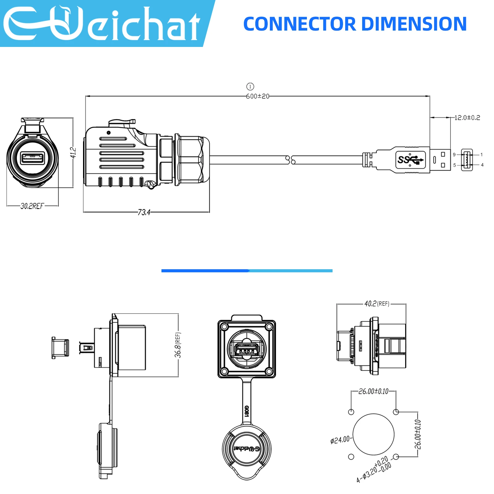 LP24 USB3.0 Waterproof Connector IP68 Industrial Circular Aviation Date Connector Plug With 0.6m Cable