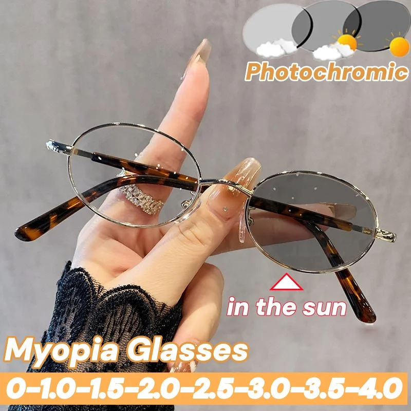 

Korean Style Photochromic Myopia Glasses Women Vintage Round Frame Anti Blue Light Color Changing Near Sight Eyeglasses Diopter