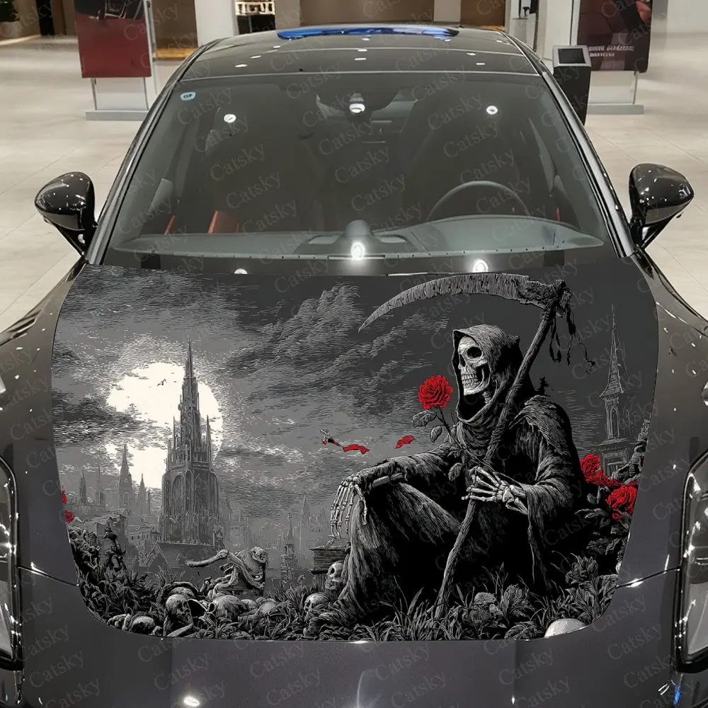 

Rose-Holding Reaper Car Vinyl Wrap, PVC Waterproof Car Hood Sticker, Self-Adhesive Scratch-Resistant Stickers