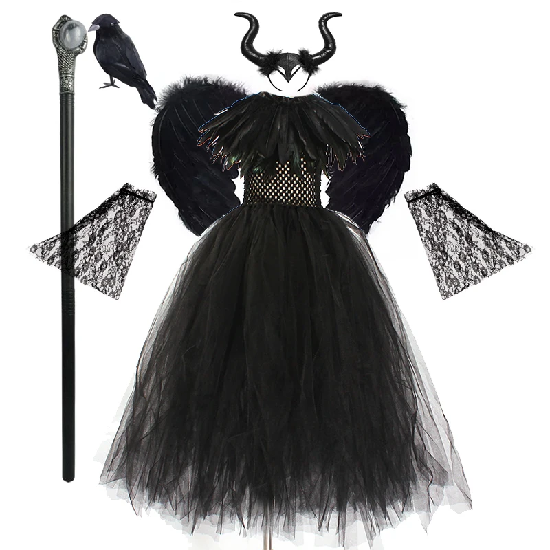 2024 Halloween Costume Maleficent Tutu Black Witch Dress For Girls Cosplay Evil Queen Black Mesh Princess Dress Kids New Vestido