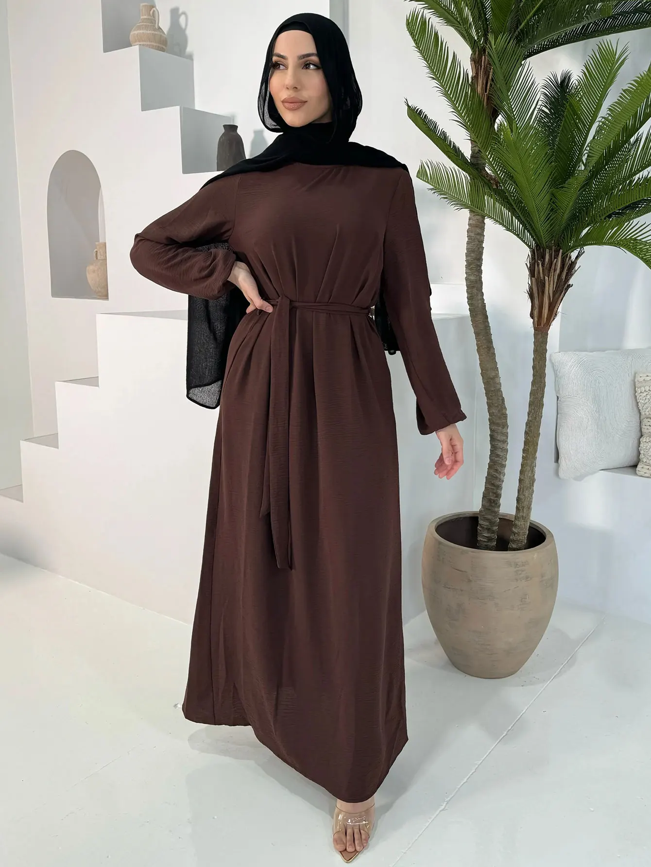 2025 Elegant Coffee Color Abaya Women Clothing Modest Dress Dubai Kaftan Islam Robe Marocain Femmes Musulmane with Belted Design