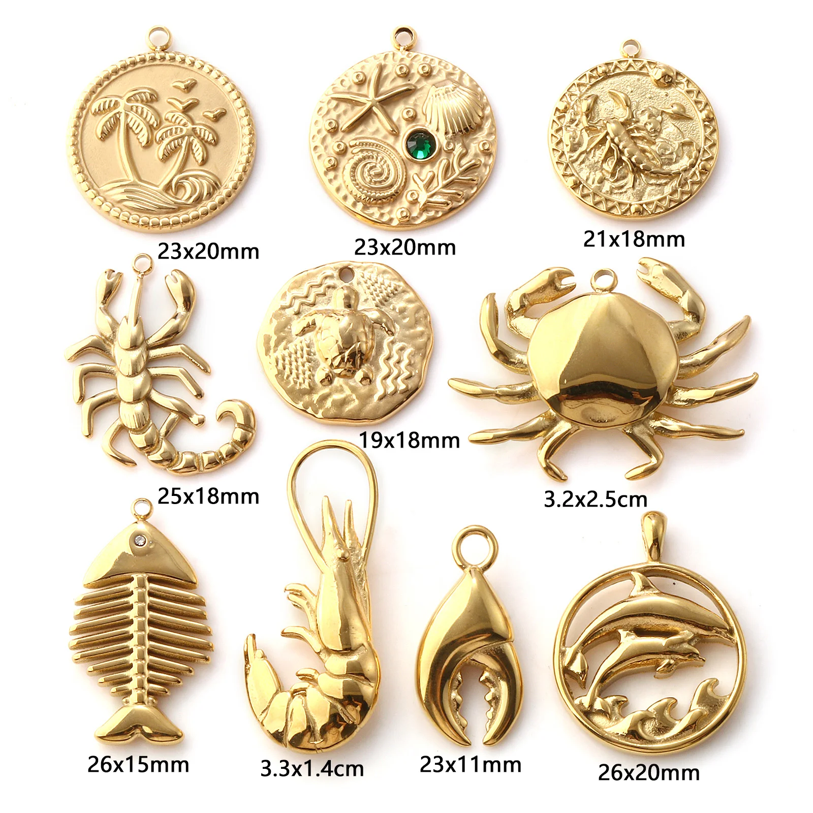 1 Piece 304 Stainless Steel Ocean Jewelry Charms 18K Gold Plated Crab Fish Shrimp Starfish Pendants For DIY Necklace Keychains