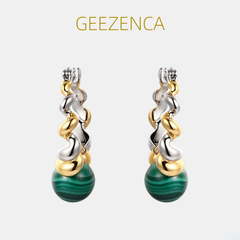 GEEZENCA Natural Malachite 925 Sterling Silver Dangle Earrings Women Dichroic Plating Spiral Twisted Chic Earring 2023 New Gift