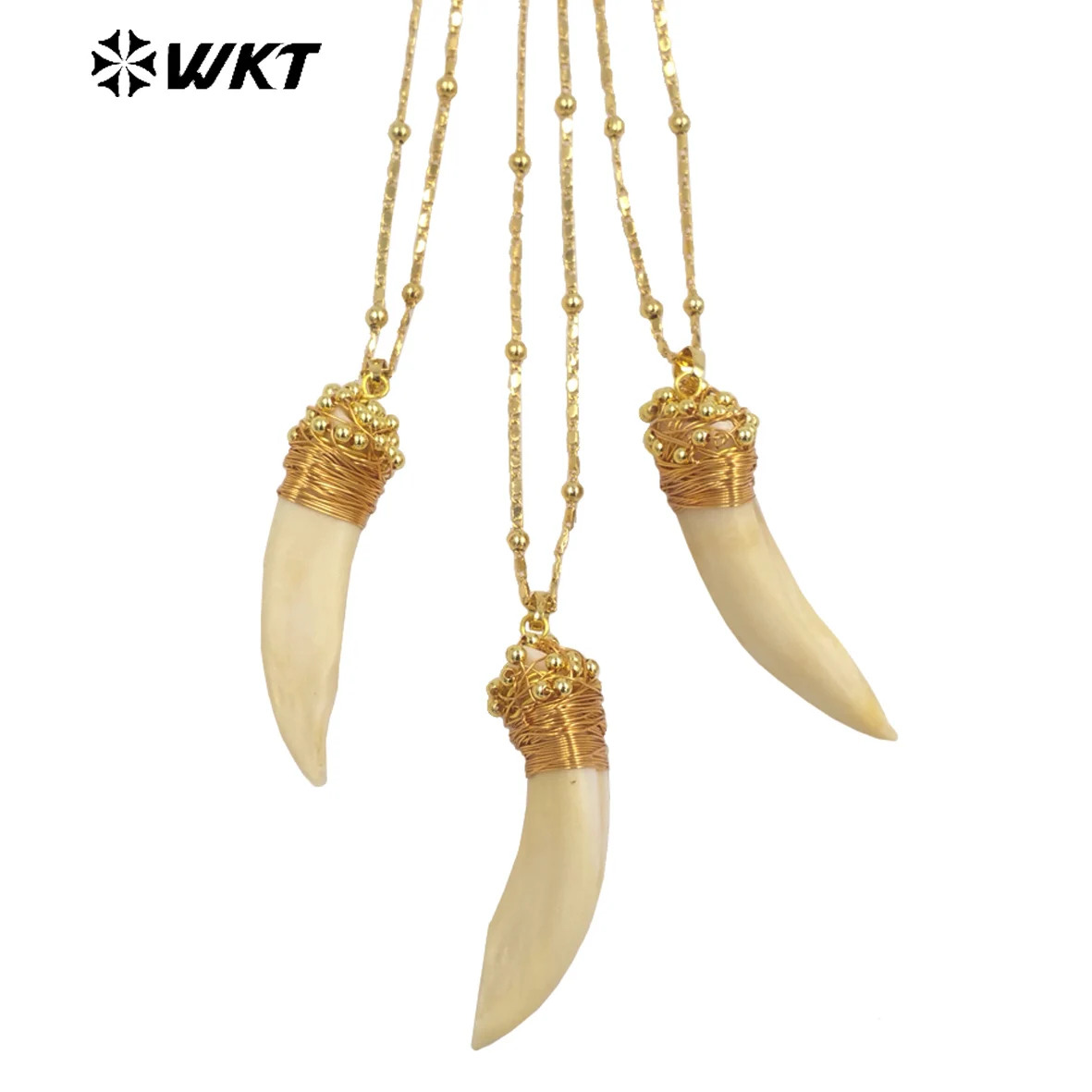 WT-JN237 Wholesale fashion gold wire wrapped handmade teeth necklace 18 inch long stellalite beads chain pendant necklace