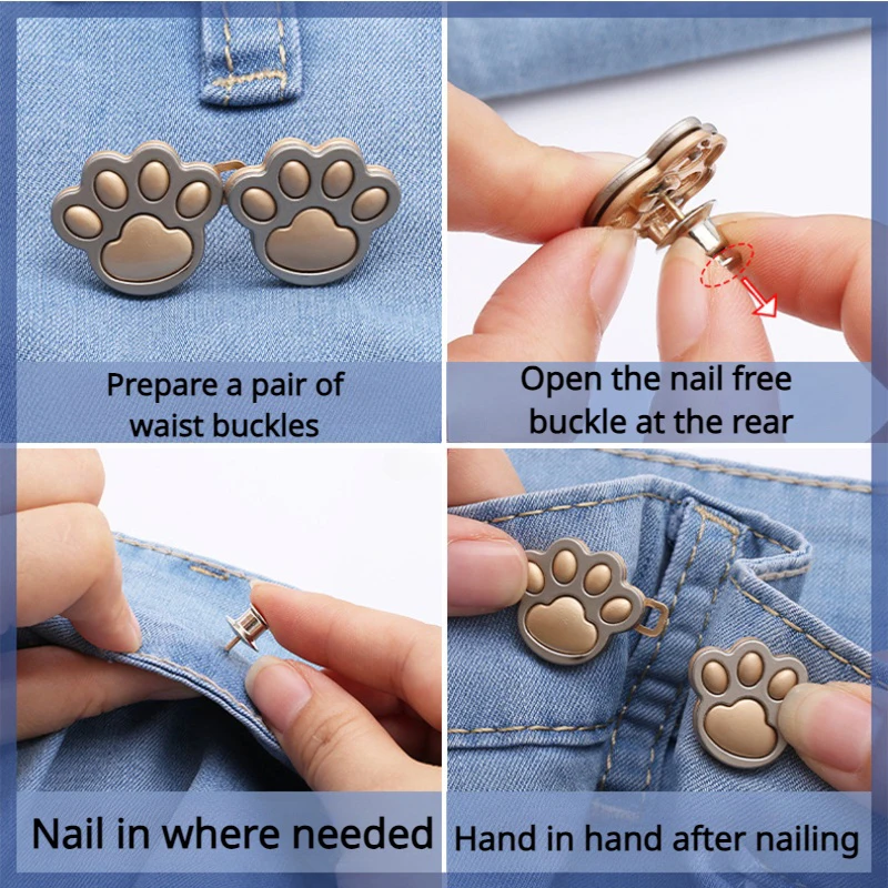 2Pcs Adjustable Jean Cat Paw Shaped Button Waist Buckle Snap Pants Buckle Extender Replacement Jeans Button Attacher Pins