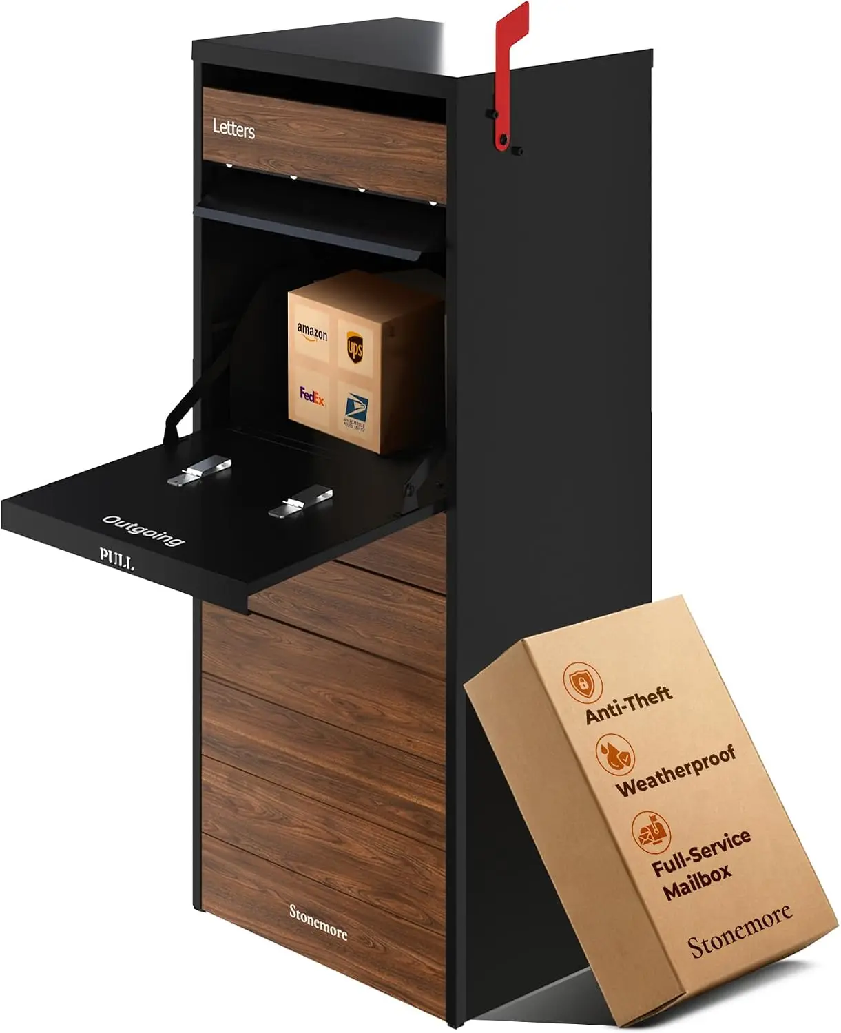 Cali USPS Compatible Mailbox, Classic Black/Walnut Package Mailbox, Anti-Theft Locking Parcel Drop Box for Porch Or Curbside, La