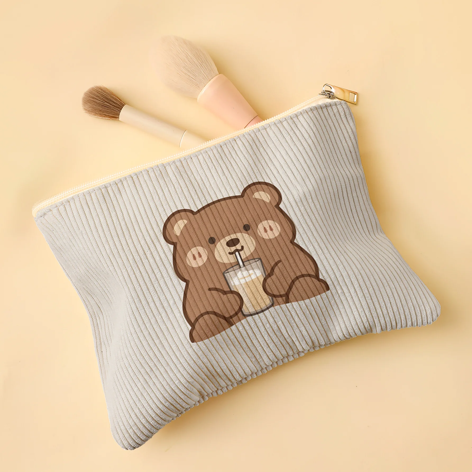 Corduroy Makeup Bag Cute Bear Drinking Milk Tea Print Zipper Cosmetic Pouch Travel Storage Bag for Women Korea Style