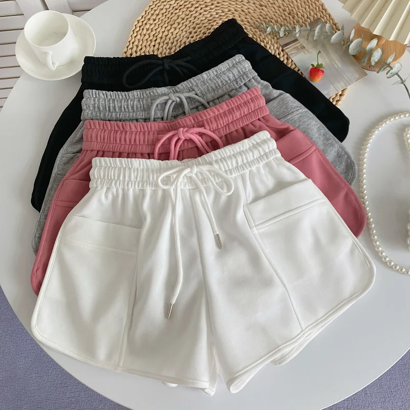 

Basic Pure Color Wide Leg Drawstring Shorts Women's Summer New Style Slimming Large Pocket Sport Casual Pants High Waist