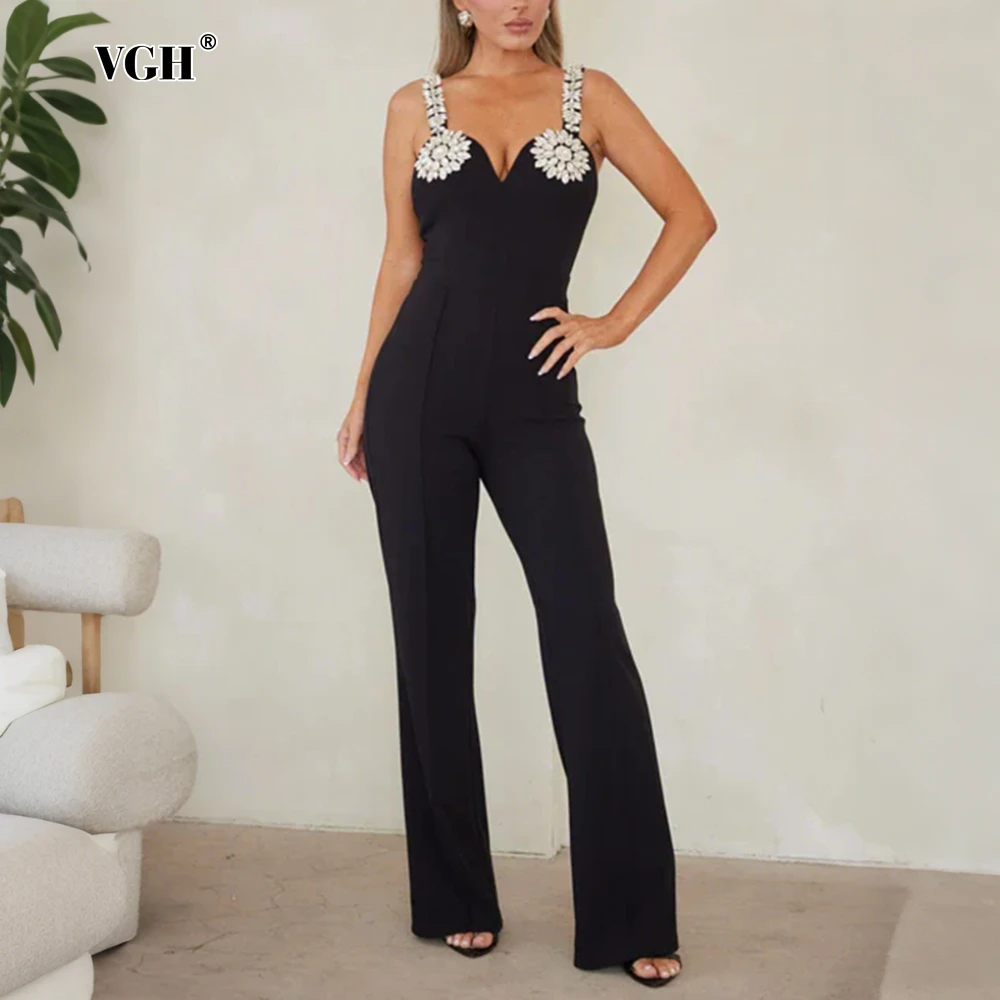 

VGH Solid Spliced Diamonds Flowers Jumpsuit for Women V Neck Sleeveless High Waist Patchwork Zipper Temperament Jumpsuits Female
