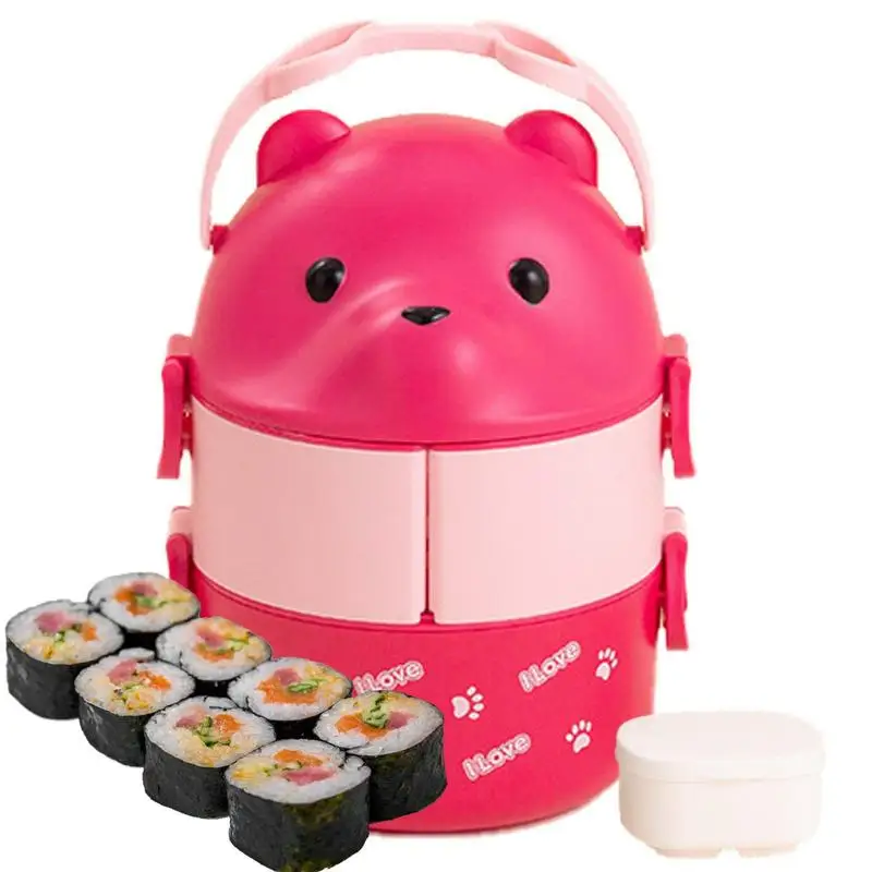 Stackable Bento Box Portable Cute Cartoon Children Lunch Box Double Layer Food Storage Container Eyeglass Bear Thermal Bento Box