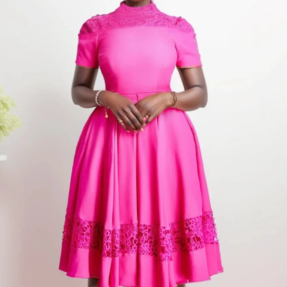 Women Dress Fashion New Short Sleeves High Waist African Dress Half High Neck A-line Rose Red Slim Fit Elegant Party Dresses