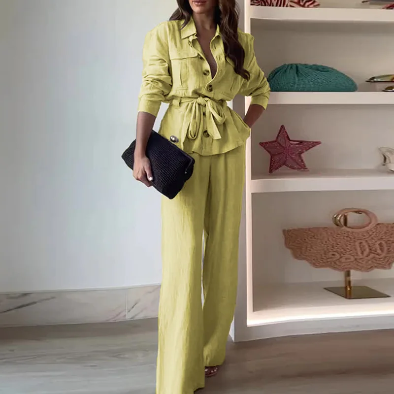 2025 nuevo otoño temperamento traje de fiesta Oficina señora solapa camisa de manga larga traje Retro Color sólido pantalones largos sueltos conjunto de 2 piezas