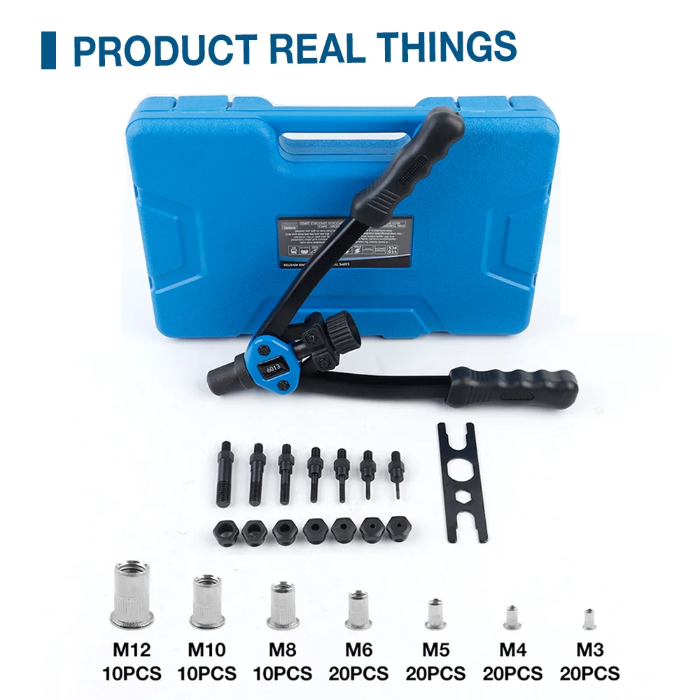 Set di pistole per rivetti manuali, rivettatrice a trazione M3 M4 M5 M6 M8 M10 M12, rivettatrice professionale per uso domestico, strumento per rivetti rapidi fai da te, inclusi 110 rivetti, cassetta degli attrezzi