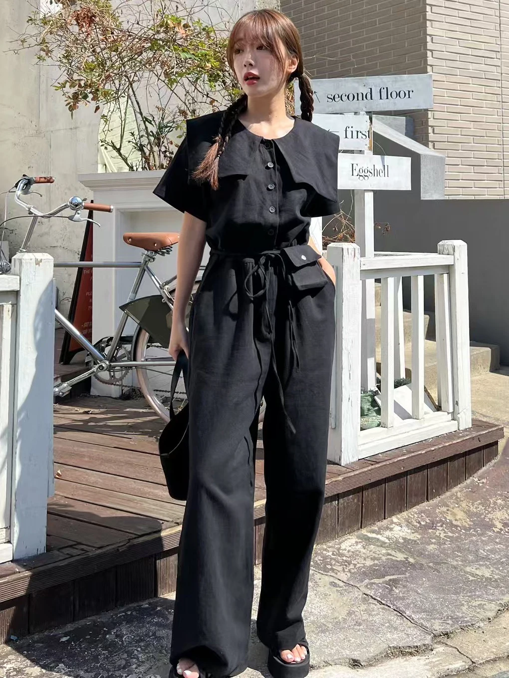 

Комбинезон Dongda Gate 2025: Новинка, синий, с воротником-стойкой, на завязках, с высокой талией, универсальный, повседневный, для работы, с широкими штанинами...