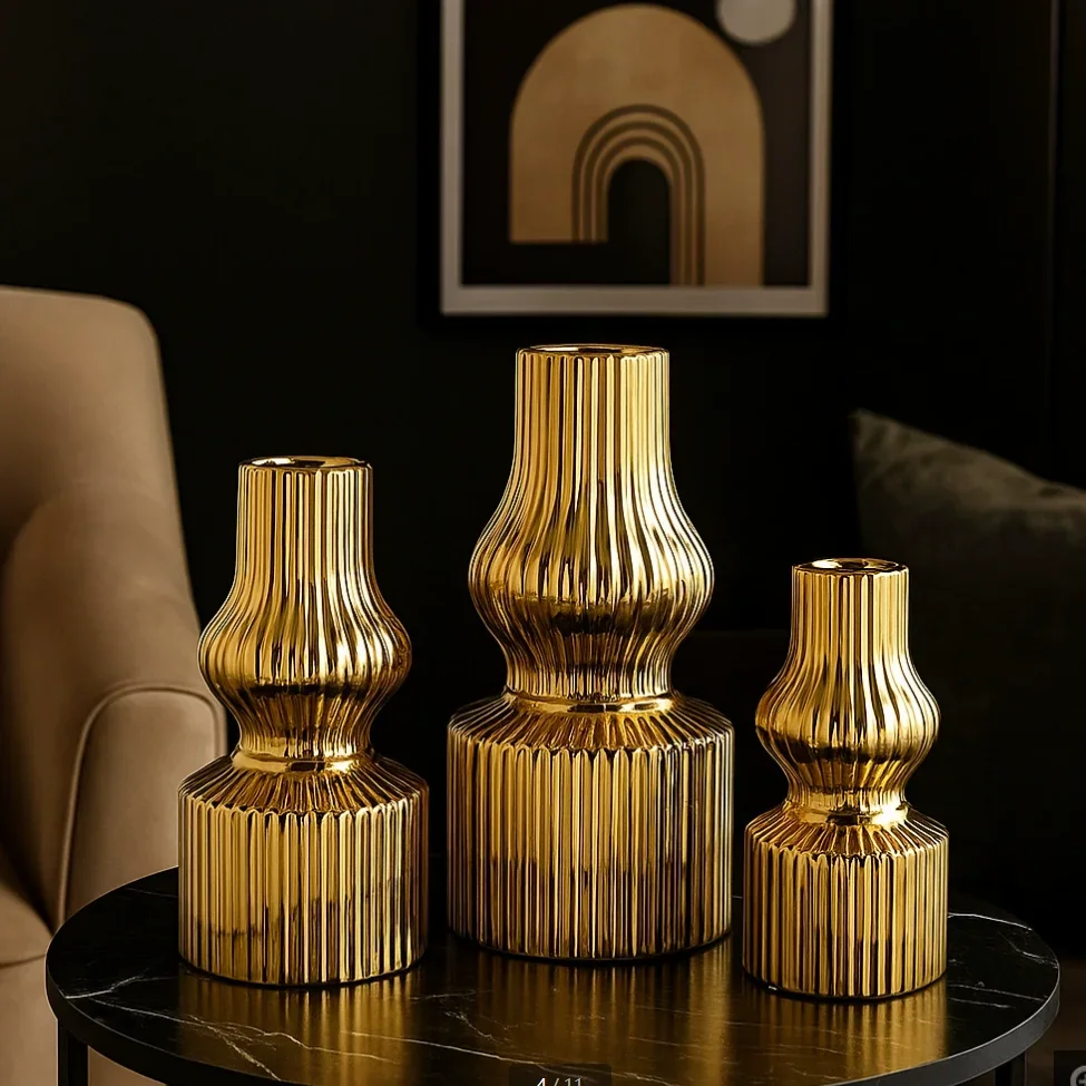 

Minimalist modern and luxurious style, gold white black ceramic vase three piece set for home decoration, handicraft decoration