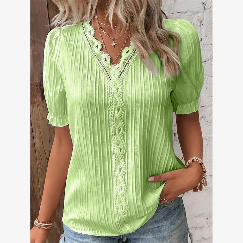 เสื้อผู้หญิงฤดูร้อน 2023 สไตล์ลำลอง ใส่ทำงานได้ ทรงหลวม ผ้าโพลีเอสเตอร์ สีพื้น