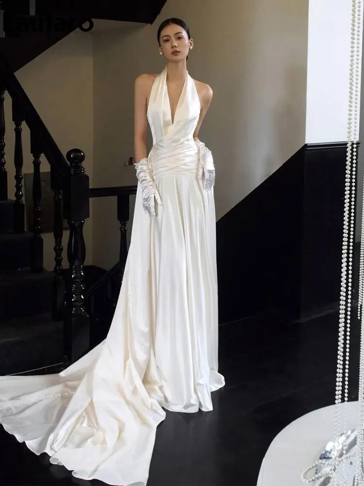 

Lautaro Spring Summer Luxury Elegant Sleeveless White Formal Evening Party Wedding Birthday Prom Halter Satin Dress for Women
