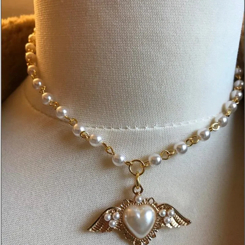 Pearl Heart Rosary Pearl collar necklace Wing bead chain White Angel sweet Lolita Kawaii gift Marie Antoinette Rococo Victorian