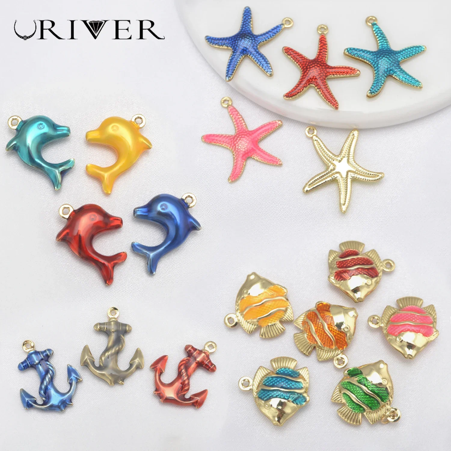 LJRIVER Ocean Party 6Pcs Charms Jewelry Making Supplie Starfish Dolphin Fish DIY Pendant for Women Sea Life Handmade Accessories