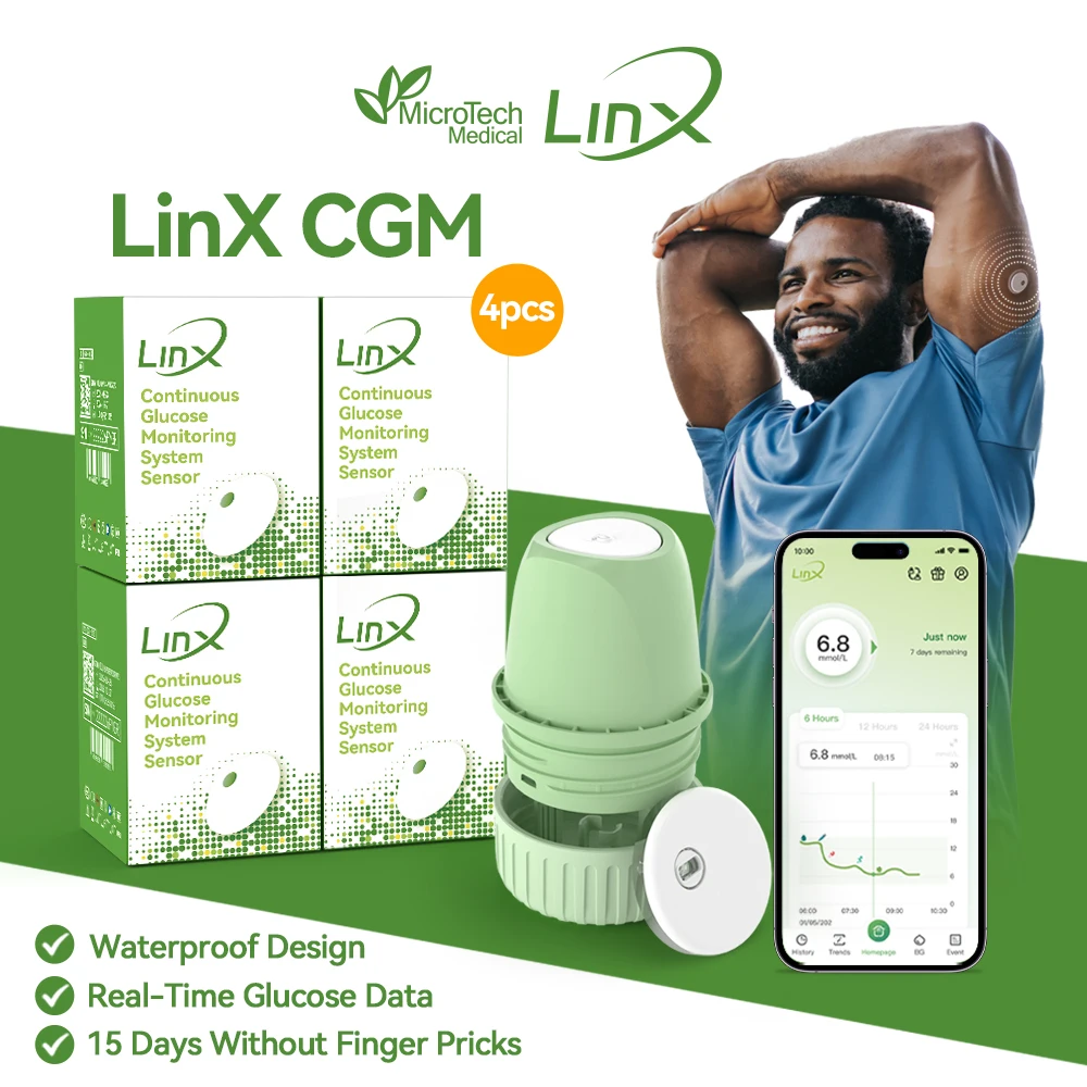 Sistema de Monitoramento Contínuo de Glicose MicroTech LinX CGM 4 Conjuntos 24Hx15 Dias em Tempo Real, Glicosímetro Dinâmico Sem Punção no Dedo