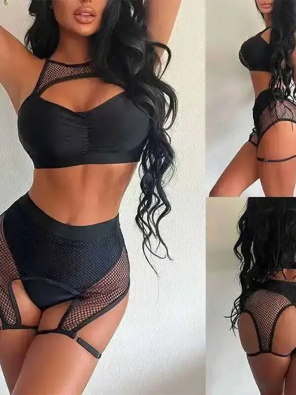 Bra Setelan Seks Berongga Seksi Dua Potong Jaring Terbelah Seksi Mengelilingi Leher Set Celana Pendek Tanpa Lengan Pembungkus Dada Menawan Manis GB4A