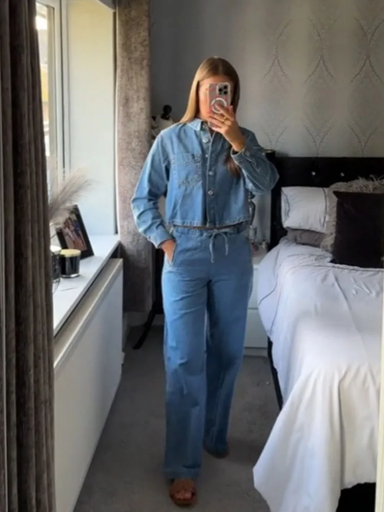 HH المرأة الخريف مجموعة الصلبة بدوره إلى أسفل طوق جيب واحدة الصدر قميص دينيم عالية الخصر الدانتيل متابعة الجينز الإناث بدلة على الموضة