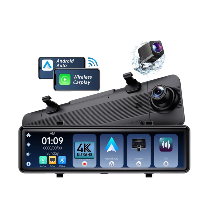 12 Inch 4K HD Carplay Car Rearview Mirror Dash Cam With Reverse Camera and Touchscreen Display