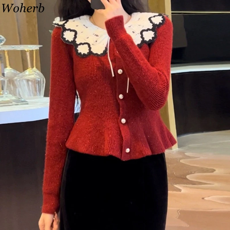 2024 Women Peter Pan Collar Sweet Cardigan Single Breasted Shiner Patchwork Sueter Mujer Fashion Vintage Knitted Sweater Coat