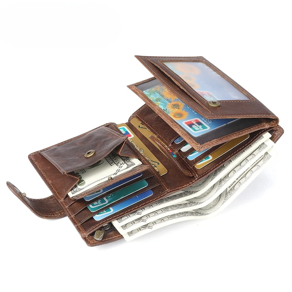 

Crazy Horse Leather Men's Wallet Genuine Leather Men Business Wallet RFID Men Card Id Holder Coin Purse Travel Wallet
