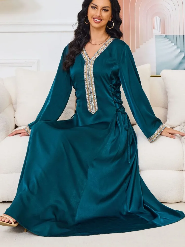 

Muslim Robe Abaya Women's Elegant Diamond Slim Waist Maxi Long Sleeve Dress Middle Eastern Arab Turkish Dress Islamic Clothing