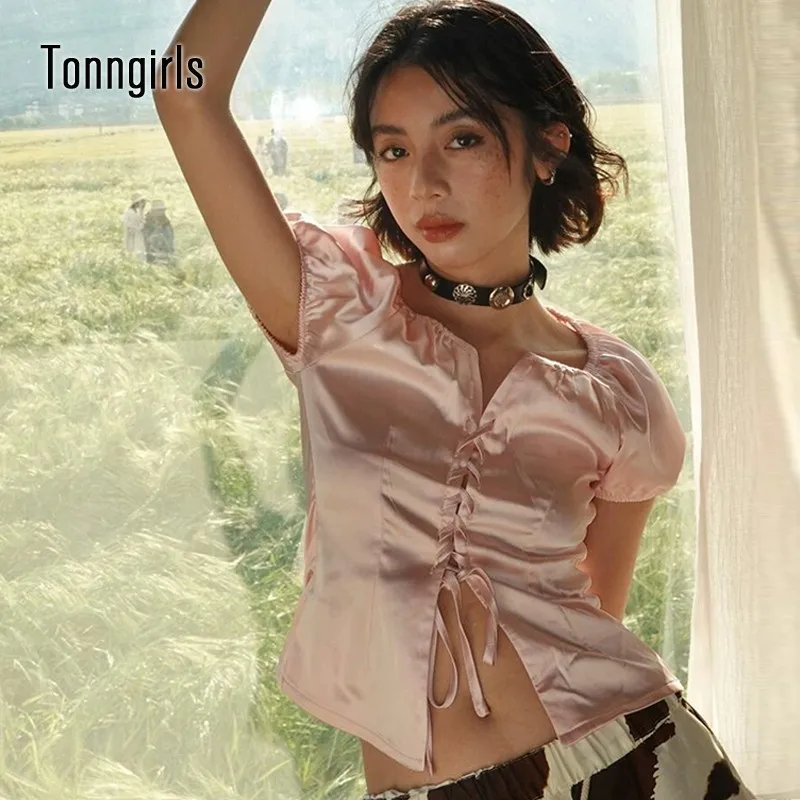 

Tonngirls Vintage Shirt Women Short Sleeve Lace Up Silk Shirt Y2k Fairycore Crop Tops Streetwear Korean Style Hollow Out Tee Top