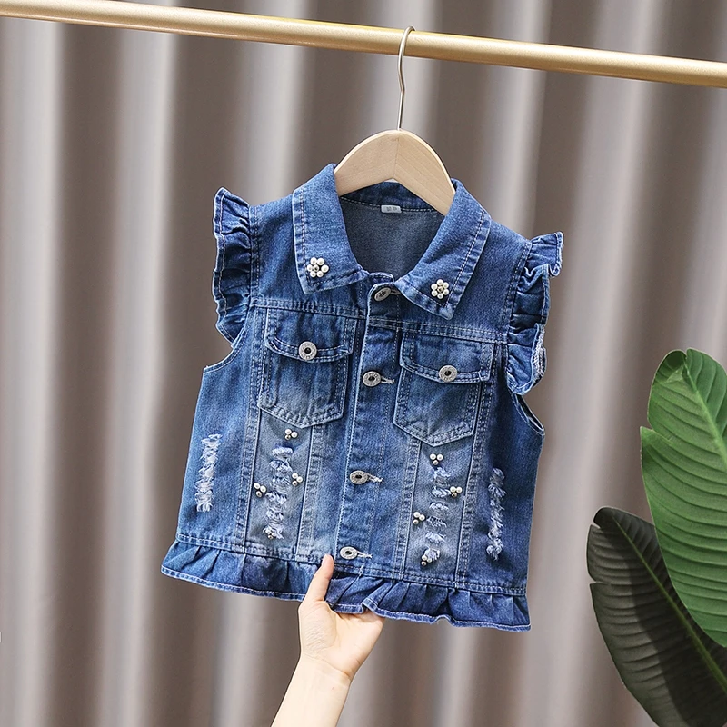 2024 Summer Girls Fashion Bow Pearl Button Flip Collar Pocket Denim Vest Coat Children\'s Clothing 1-6y