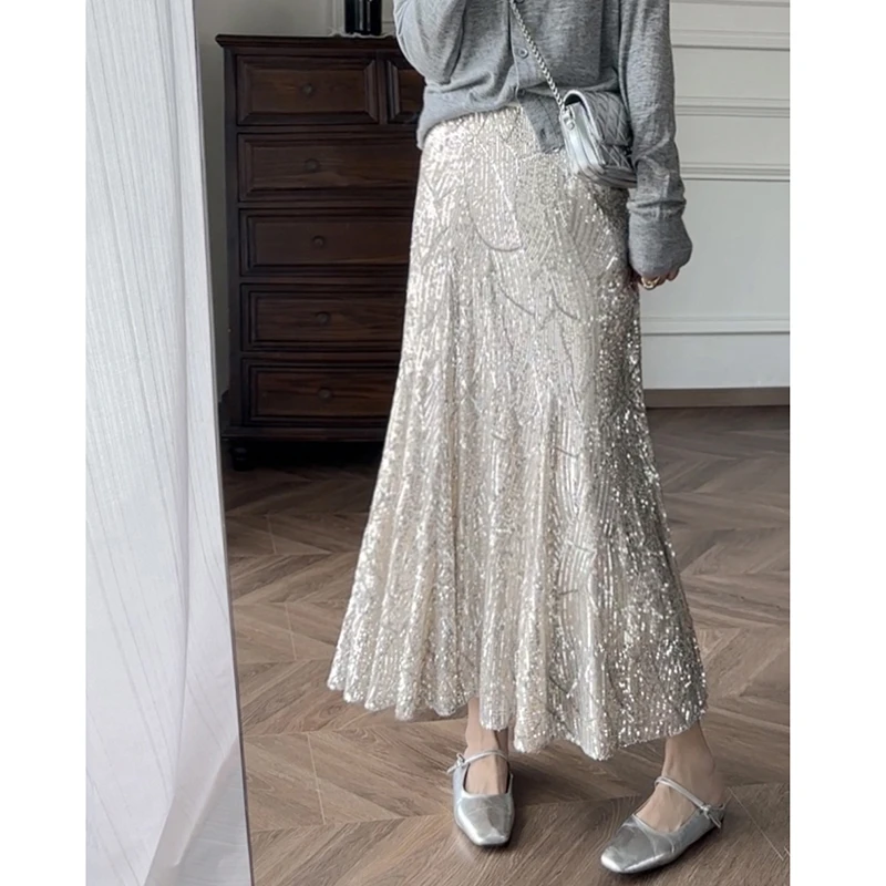 

2025 New Arrival Summer Women Casual Elegant Slim Fashion Trumpet / Mermaid Skirt High Waist Bright Silk Devise Skirts T236