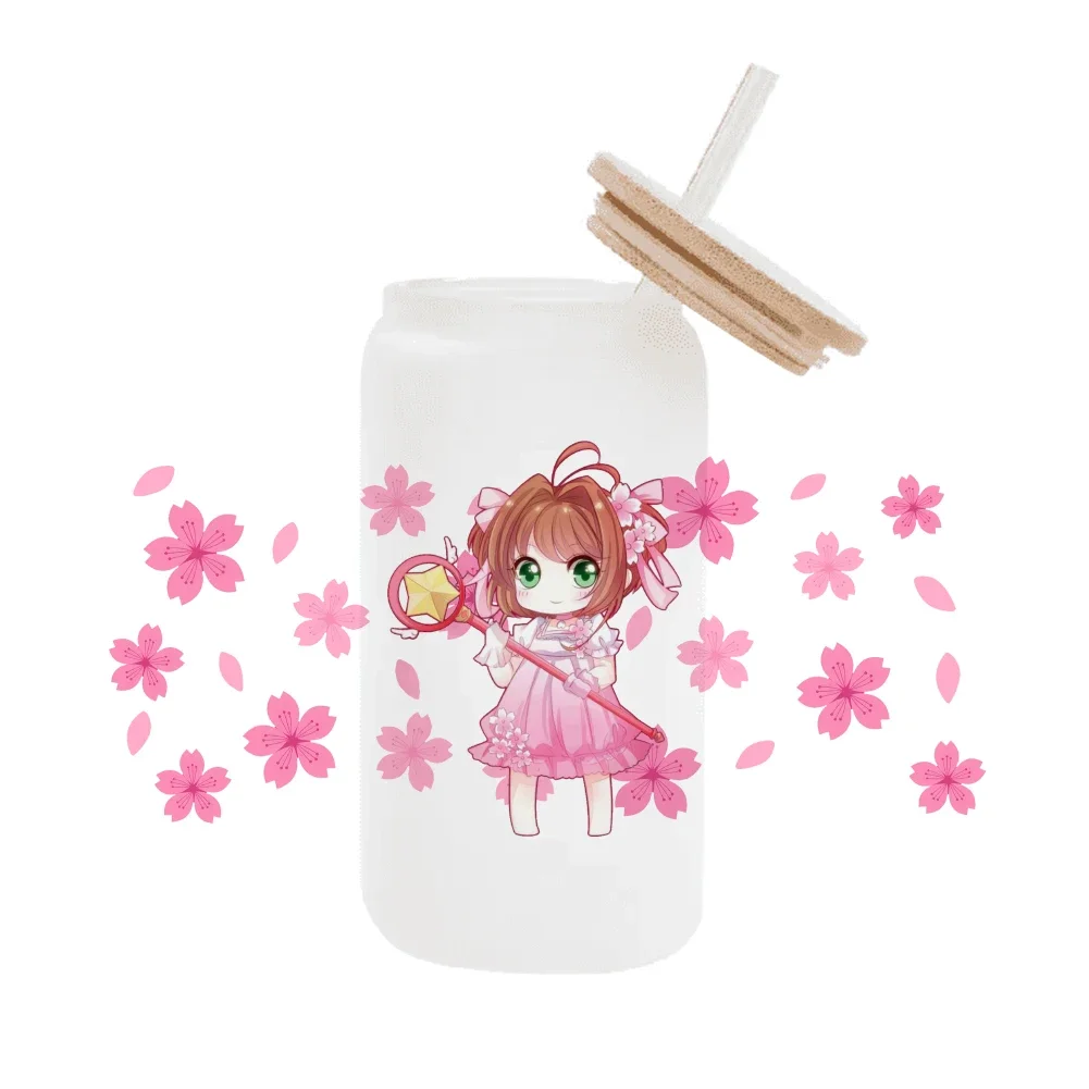 Japanese anime card captor sakura Pink cartoon For Libbey 16oz Can Glass 3D Waterproof UV DTF Coffee Can Wrap Libbey Glass Wrap