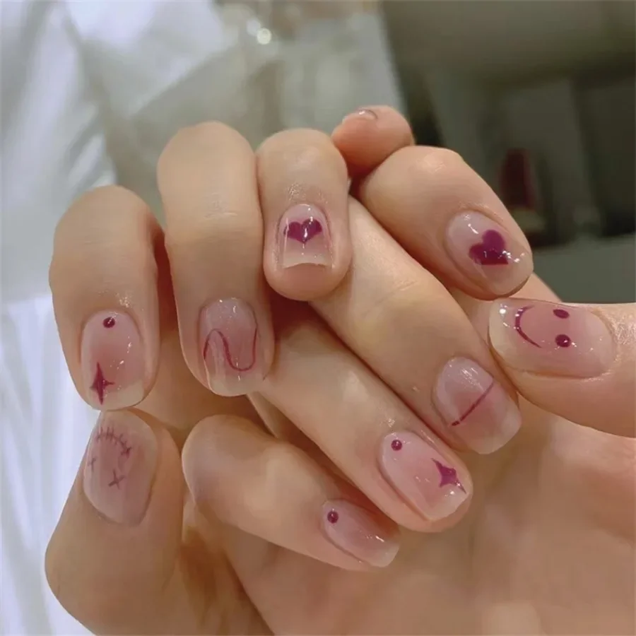 

24Pcs/set Love Heart Smiley Fake Nails French Nude Flat False Nail Artificial Acrylic Press On Nails Art Removable Nail Supplies