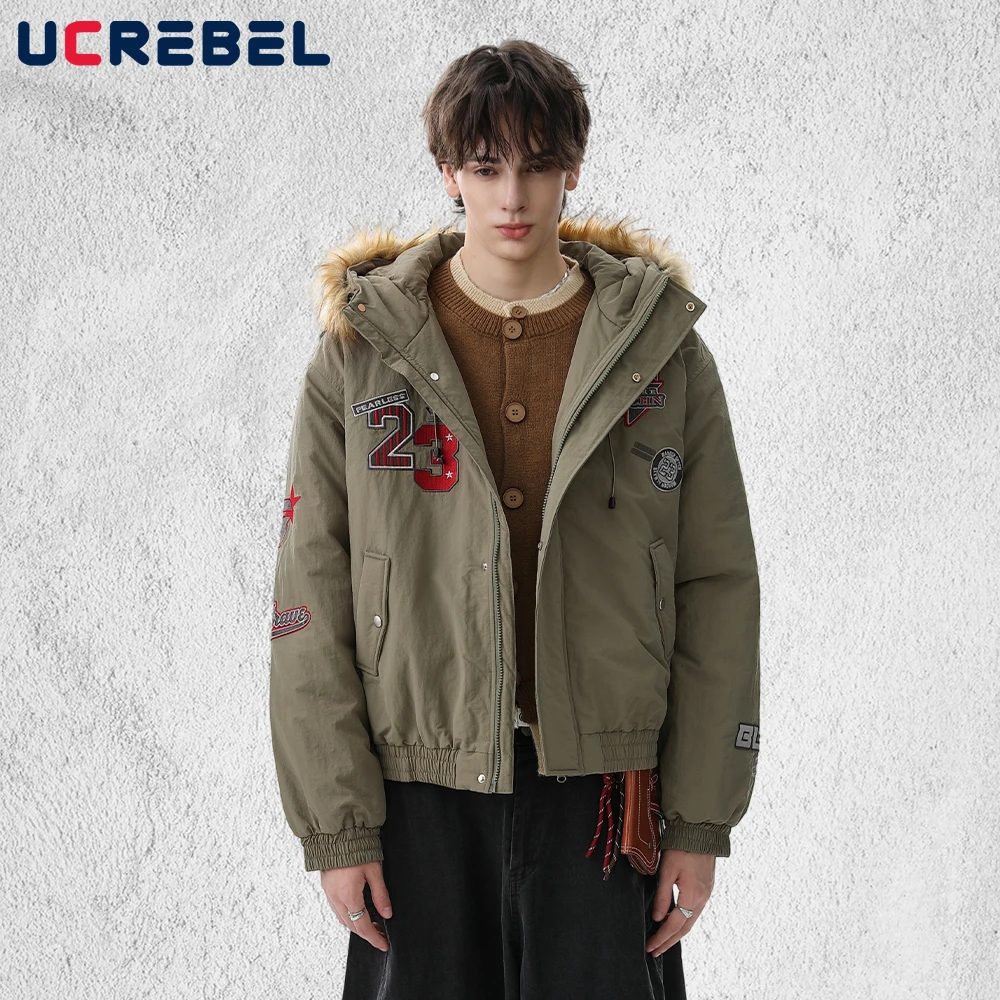Letter Embroidery Hooded Padded Jacket Mens Winter Streetwear Thick Fur Collar Loose Long Sleeve Outerwear Man