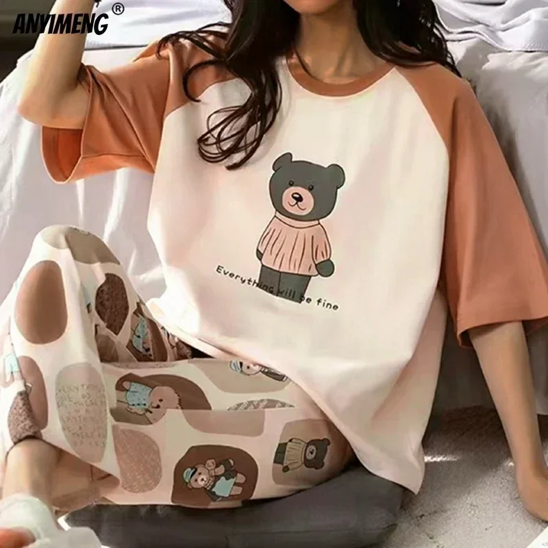 New Sleepwear Cartoon Cotton Pajamas for Women Long Pants Short Sleeved Summer Spring Loungewear Fashion Home Clothing Homewear