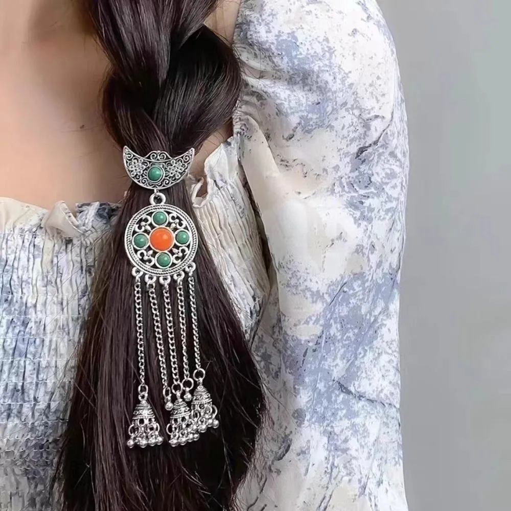 Horquilla con borla en forma de media luna antigua, palo para el cabello de estilo étnico de Metal plateado, accesorios para el cabello de estilo chino, tenedor para el cabello Hanfu
