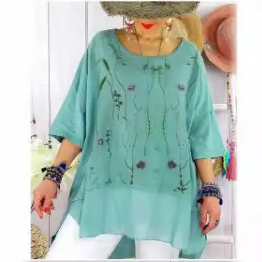 

Плюс размер, хлопково-льняная юбка со средней талией и принтом, синий комплект, повседневная удобная женская одежда, уличная одежда из полиэфирного волокна